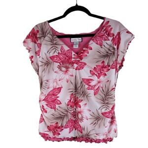 Jamaica Bay Vintage Y2K Petite Pink Floral Ruffle Short Sleeve Coastal Blouse